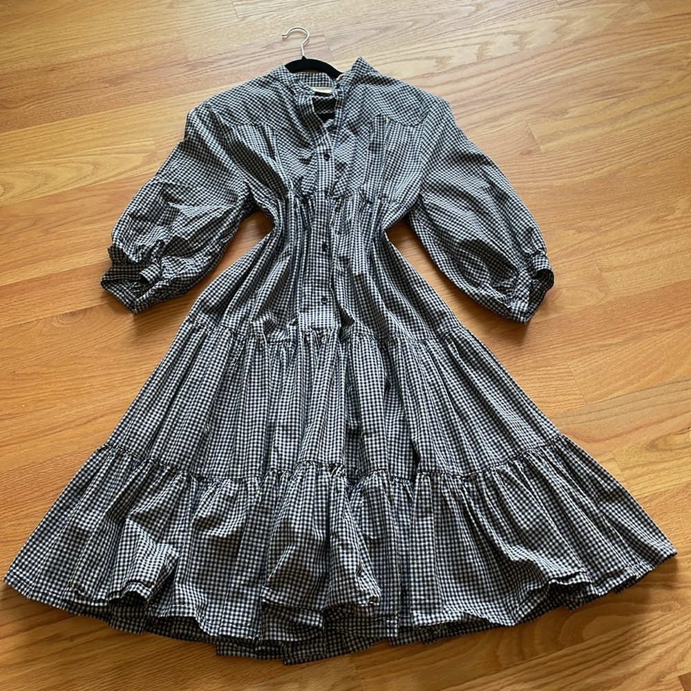 Karen Walker Oklahoma Tiered Dress Organic Cotton Dark Navy - Picture 1 of 7